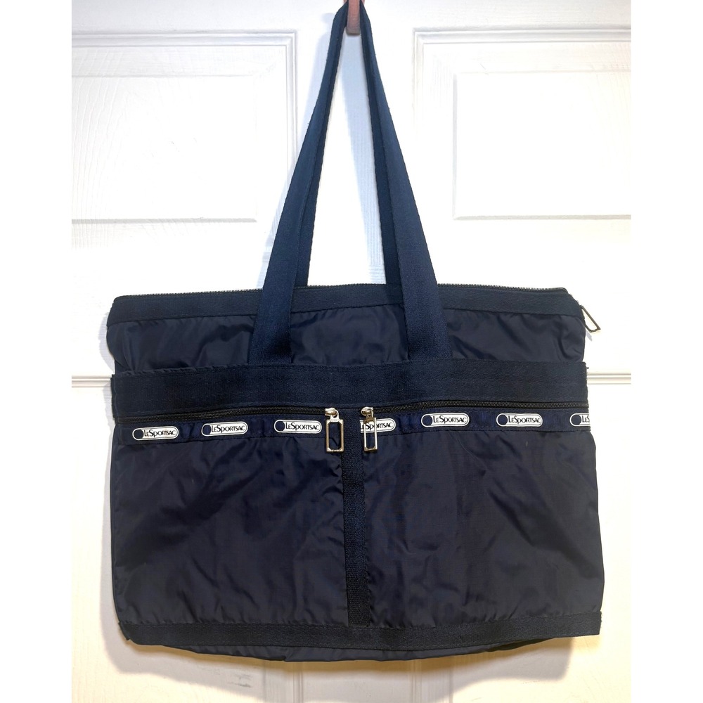 LeSportsac Navy Blue Ripstop Nylon Tote Bag Made in USA Shoulder Bag Logo Trim